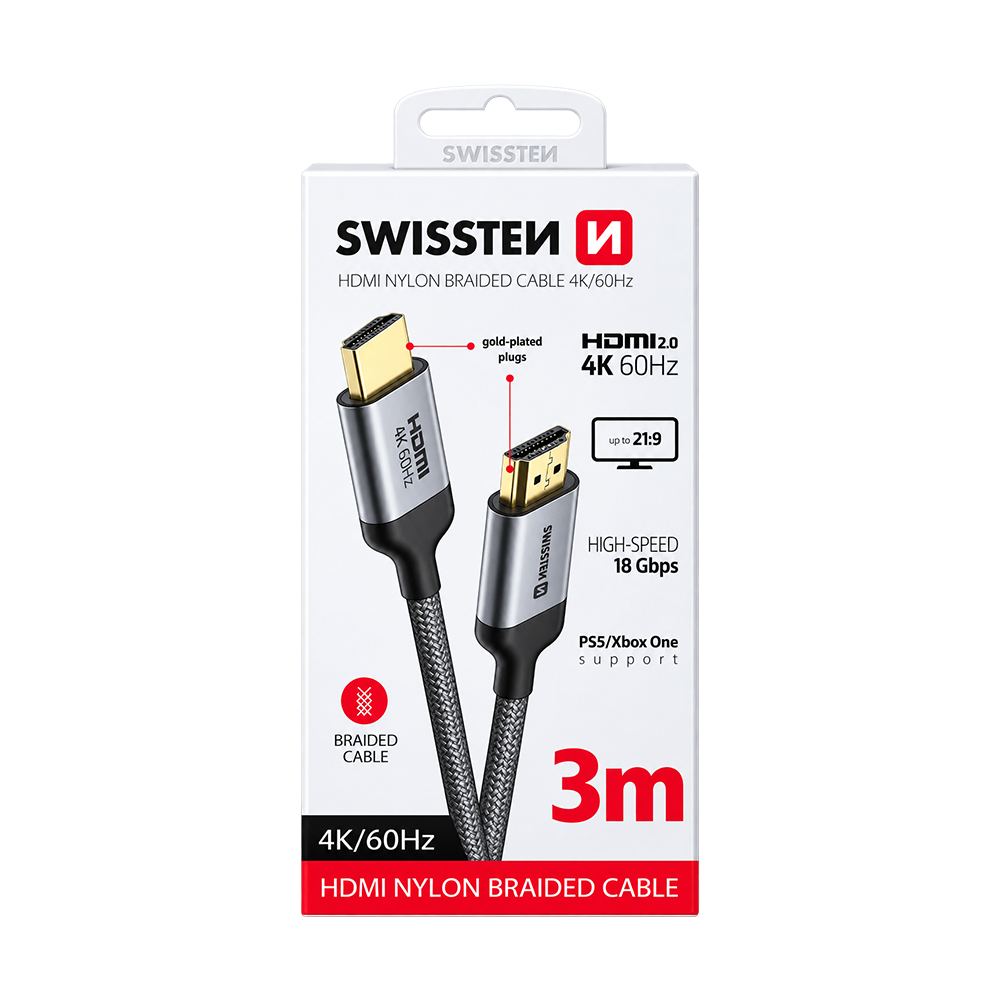 Swissten HDMI to HDMI 4K@60Hz Nylon Cable 3m