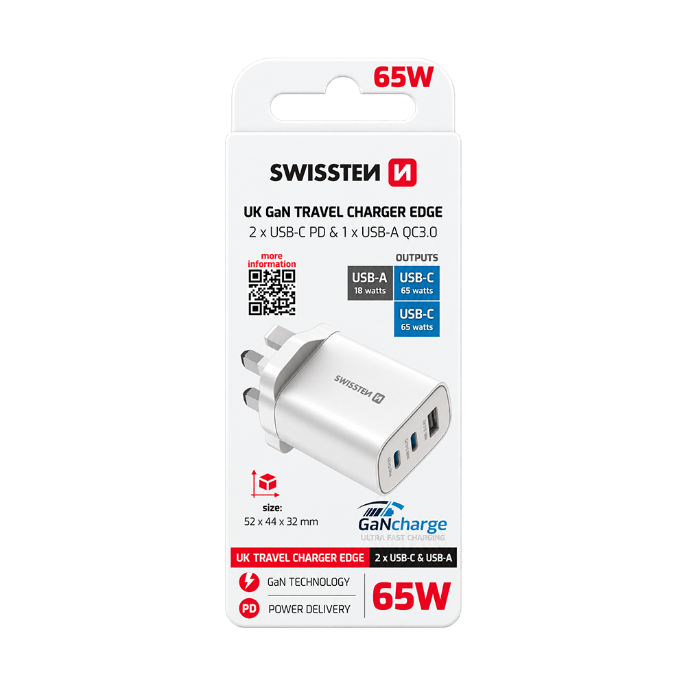 Swissten Edge GaN 65W 2x USB-C + USB-A Travel Charger