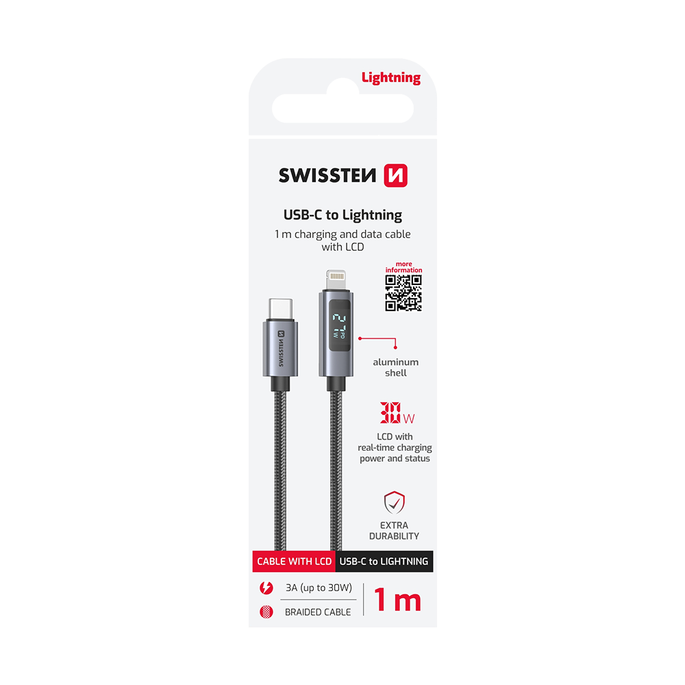 Swissten USB-C to Lightning Cable with LCD Display 1m