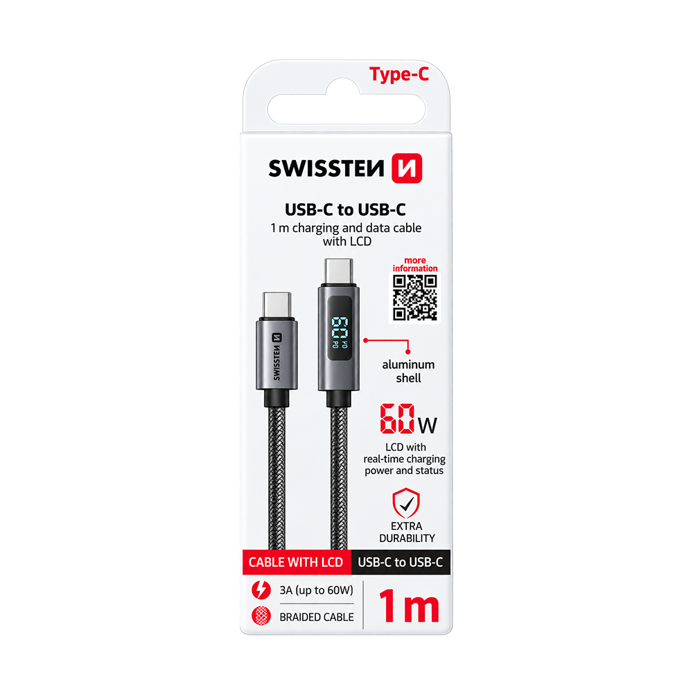 Swissten USB-C to USB-C Cable with LCD Display 1m