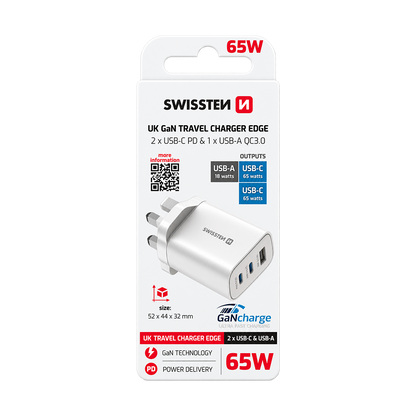 Swissten Edge GaN 65W 2x USB-C + USB-A Travel Charger