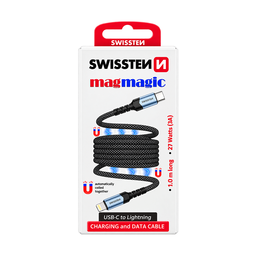 Swissten Magnetic Self-Winding USB-C to Lightning Cable 1m