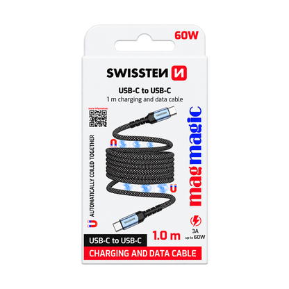 Swissten Magnetic Self-Winding USB-C to USB-C Cable 1m