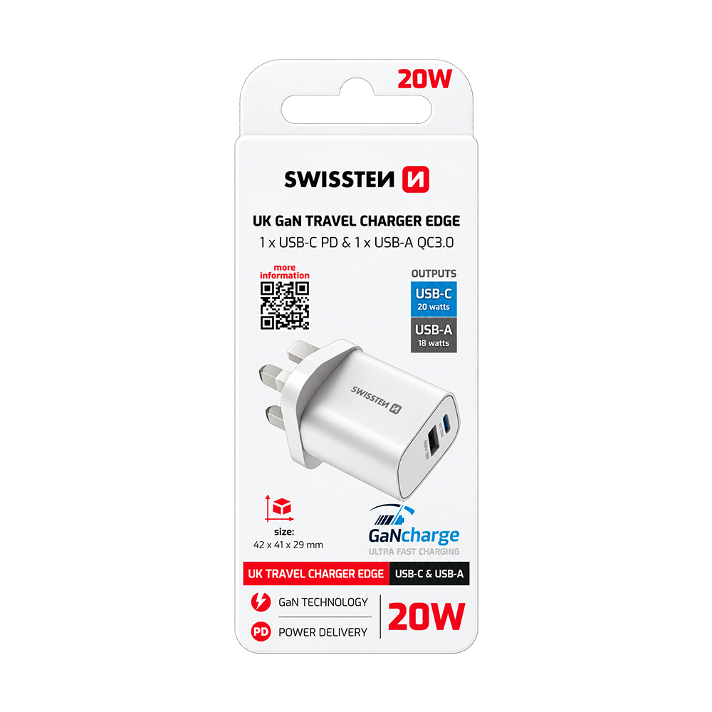 Swissten Edge GaN 20W USB-C + USB-A Travel Charger