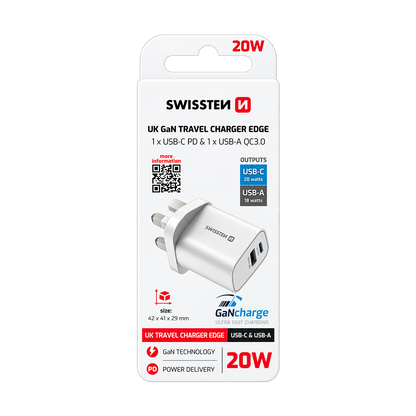 Swissten Edge GaN 20W USB-C + USB-A Travel Charger